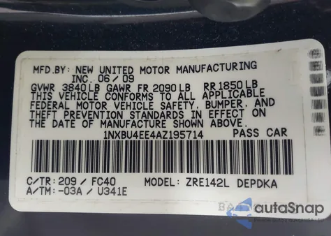 2010 Toyota Corolla Le from USA, damaged, VIN 1NXBU4EE4AZ195714